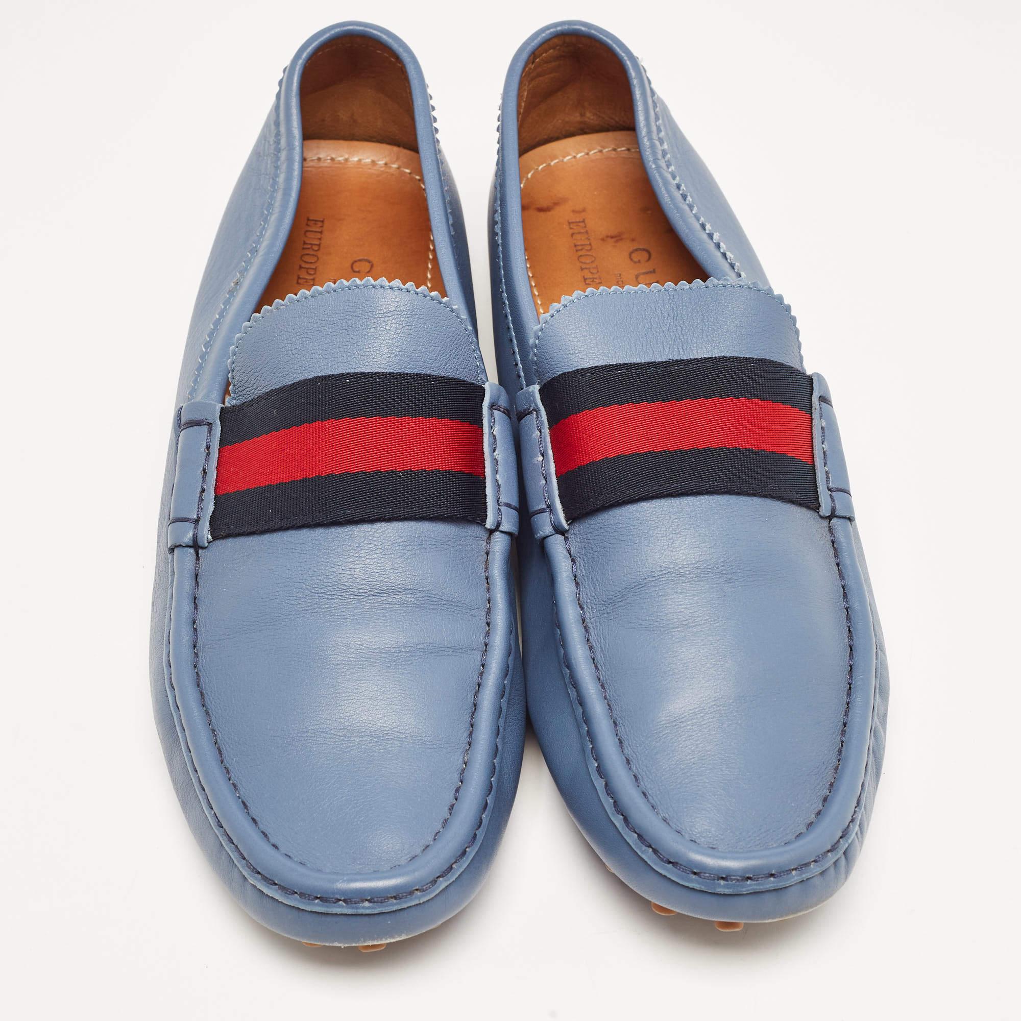 Women's Gucci Blue Leather Web Slip On Loafers Size 43.5 For Sale