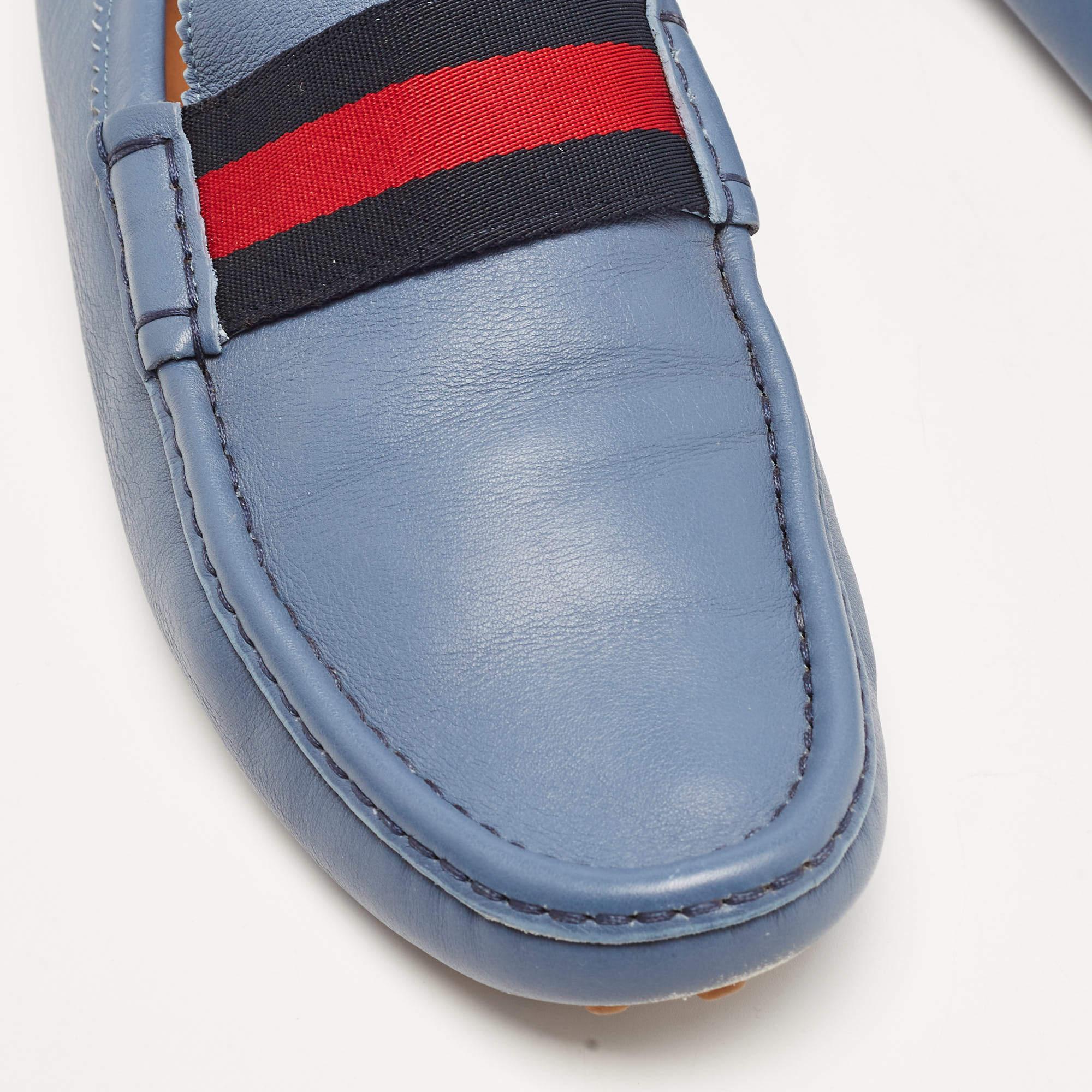 Gucci Blue Leather Web Slip On Loafers Size 43.5 For Sale 3