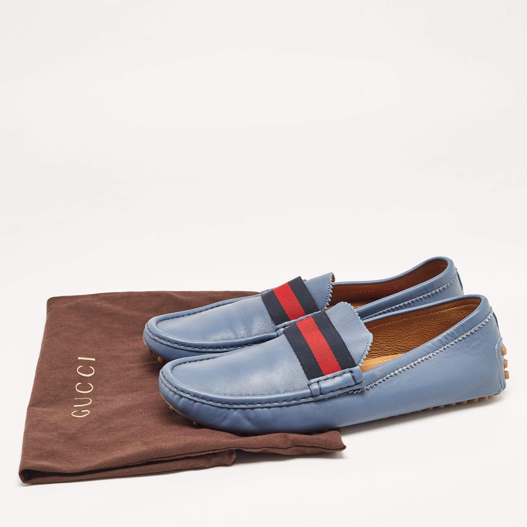 Gucci Blue Leather Web Slip On Loafers Size 43.5 For Sale 5