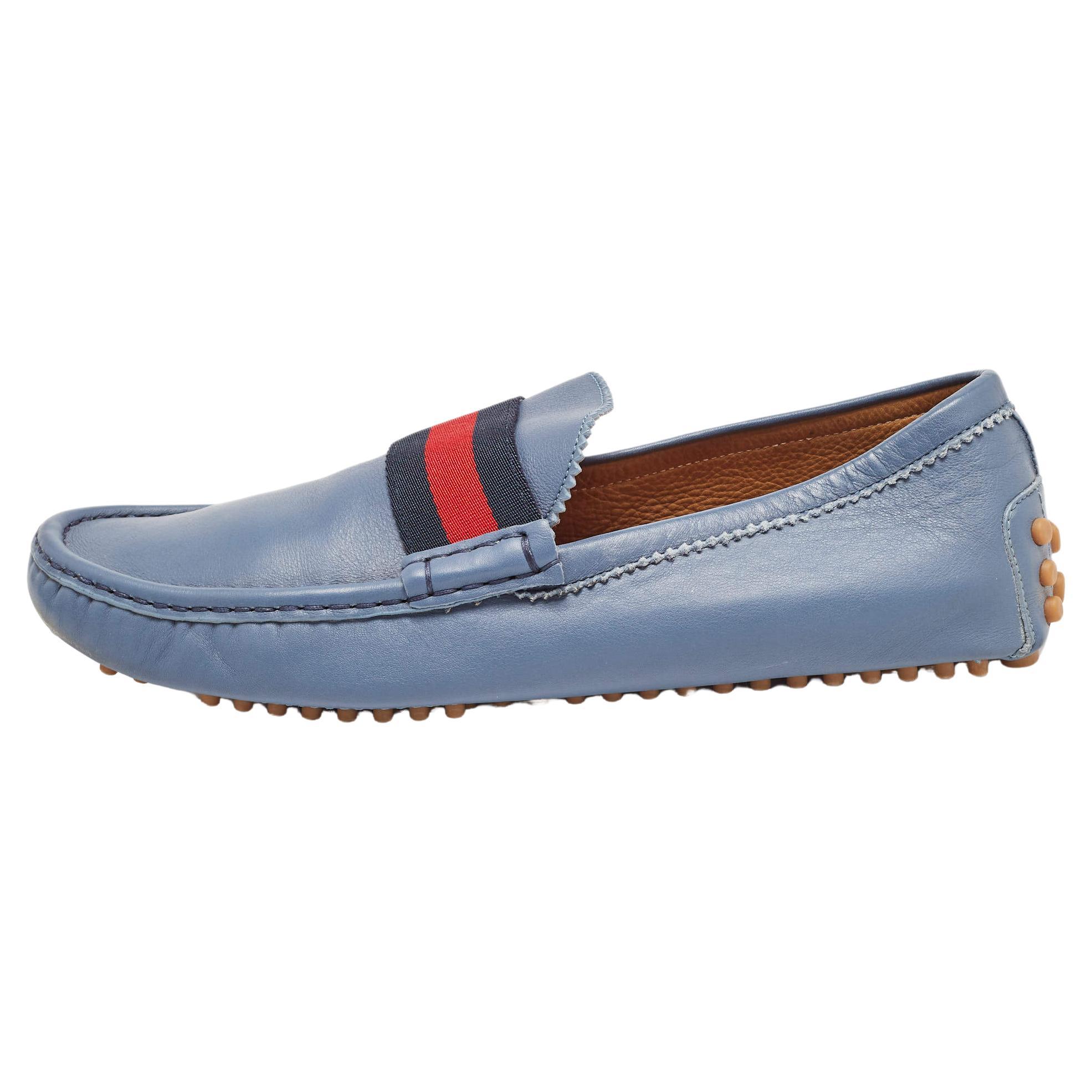 Gucci Blue Leather Web Slip On Loafers Size 43.5 For Sale