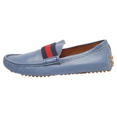 Used Gucci Blue Leather Web Slip On Loafers Size 43.5
