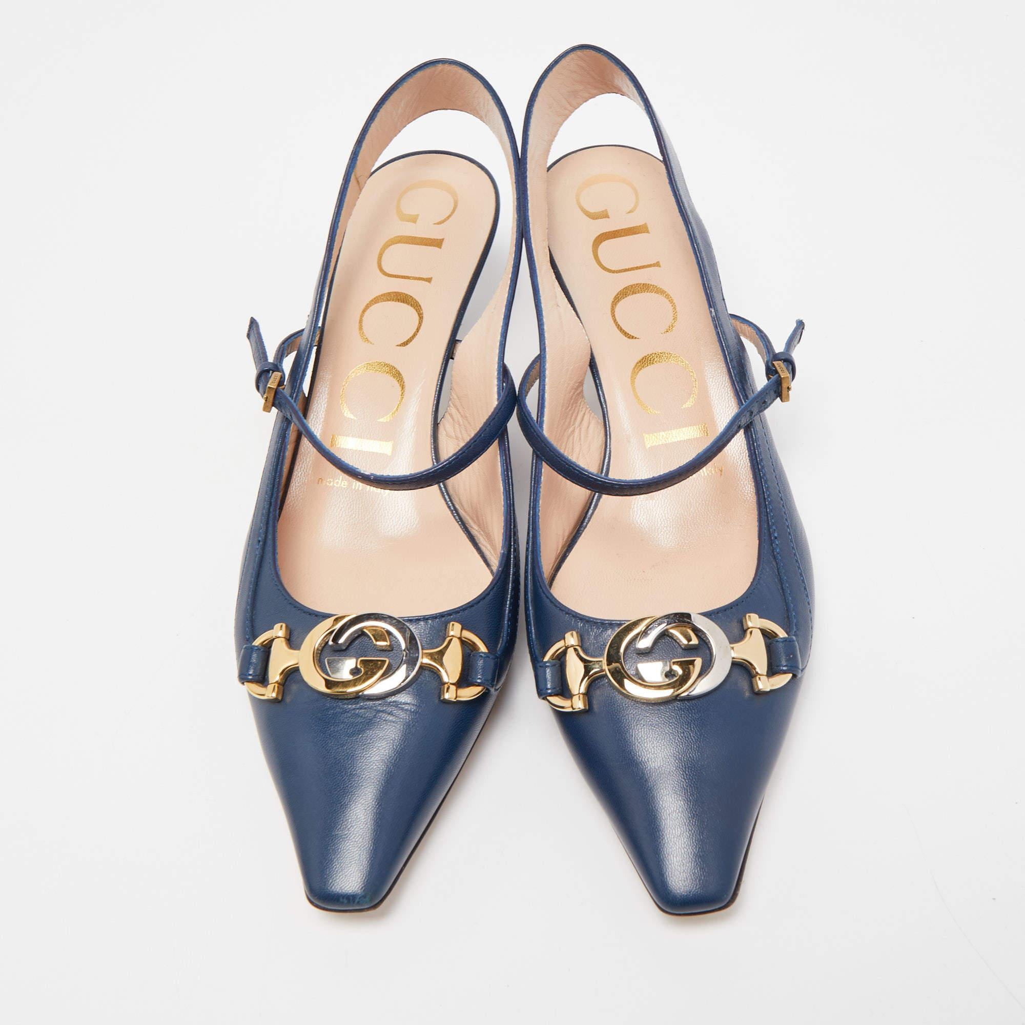 Gucci Blue Leather Zumi Slingback Kitten Pump Size 36 In Fair Condition In Dubai, Al Qouz 2