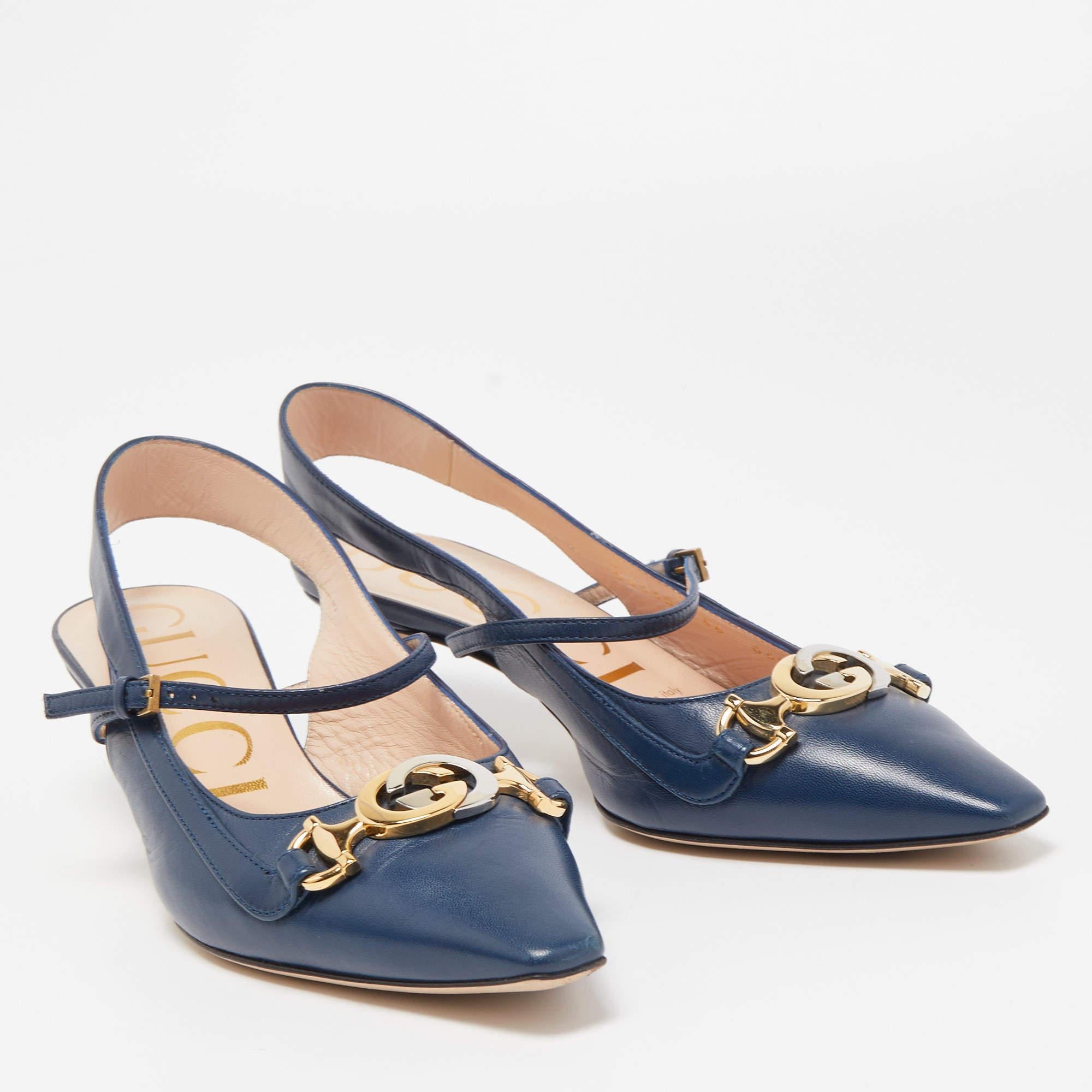 Women's Gucci Blue Leather Zumi Slingback Kitten Pump Size 36