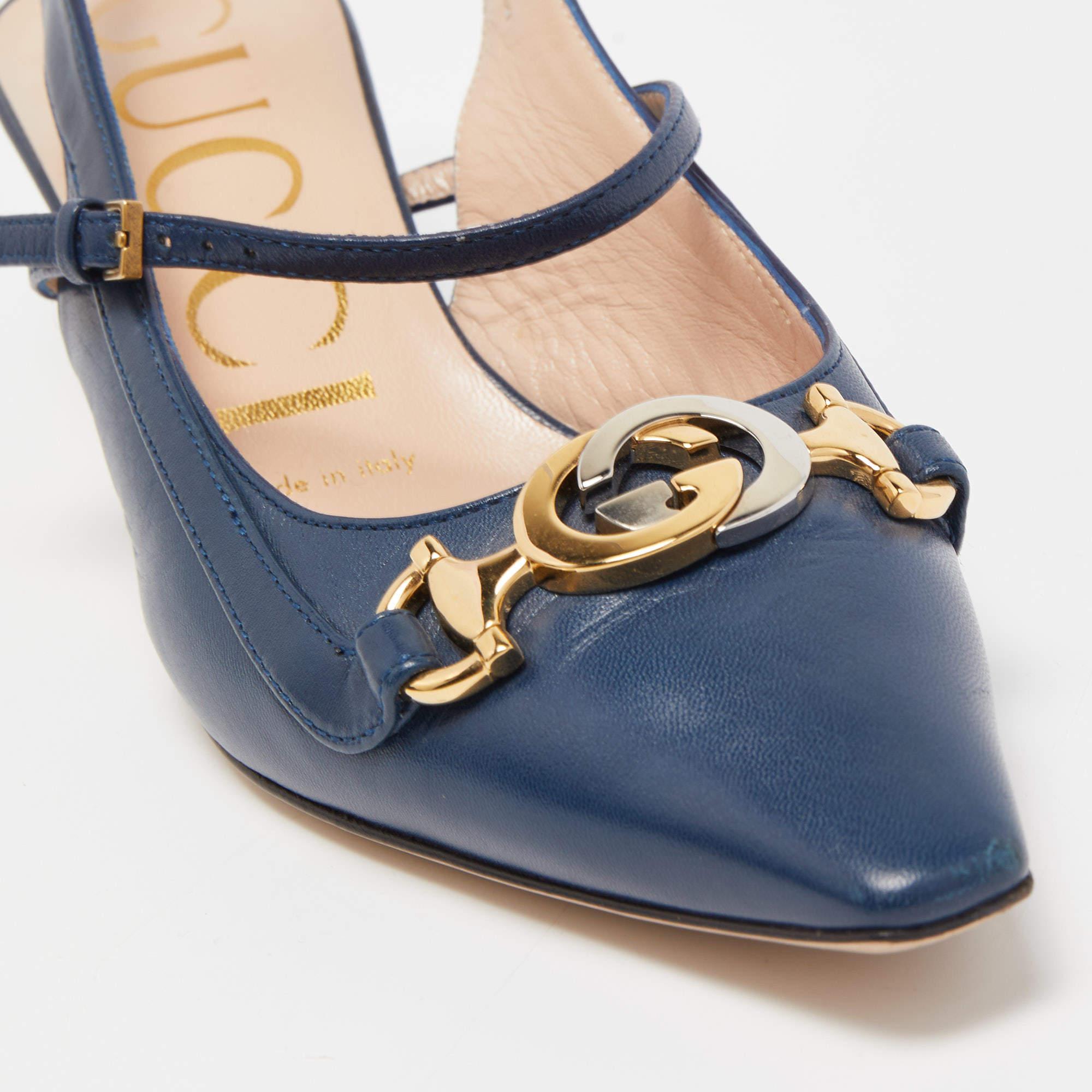 Gucci Blue Leather Zumi Slingback Kitten Pump Size 36 5