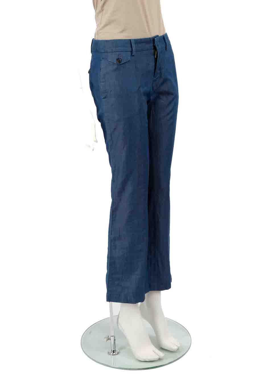 CONDITION is Very good. Hardly any visible wear to trousers is evident on this used Gucci designer resale item.
 
 
 
 Details
 
 
 Blue
 
 Lightweight denim
 
 Trousers
 
 Flared leg
 
 Low rise
 
 3x Front pockets
 
 1x Back pocket
 
 Fly zip,
