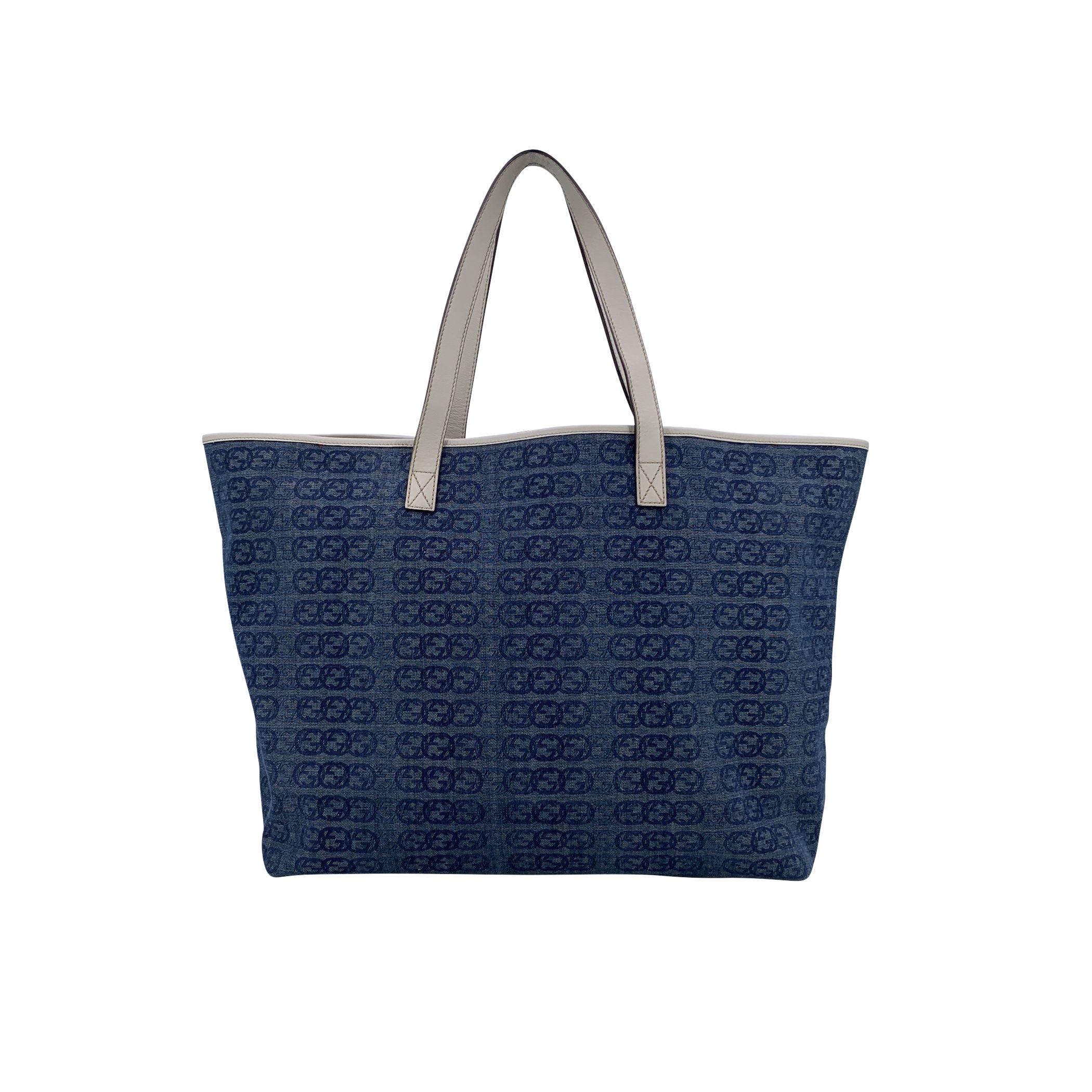 Viola Gucci Logo Blu Denim e Borsa Tote in Pelle Shopper Bianco in vendita