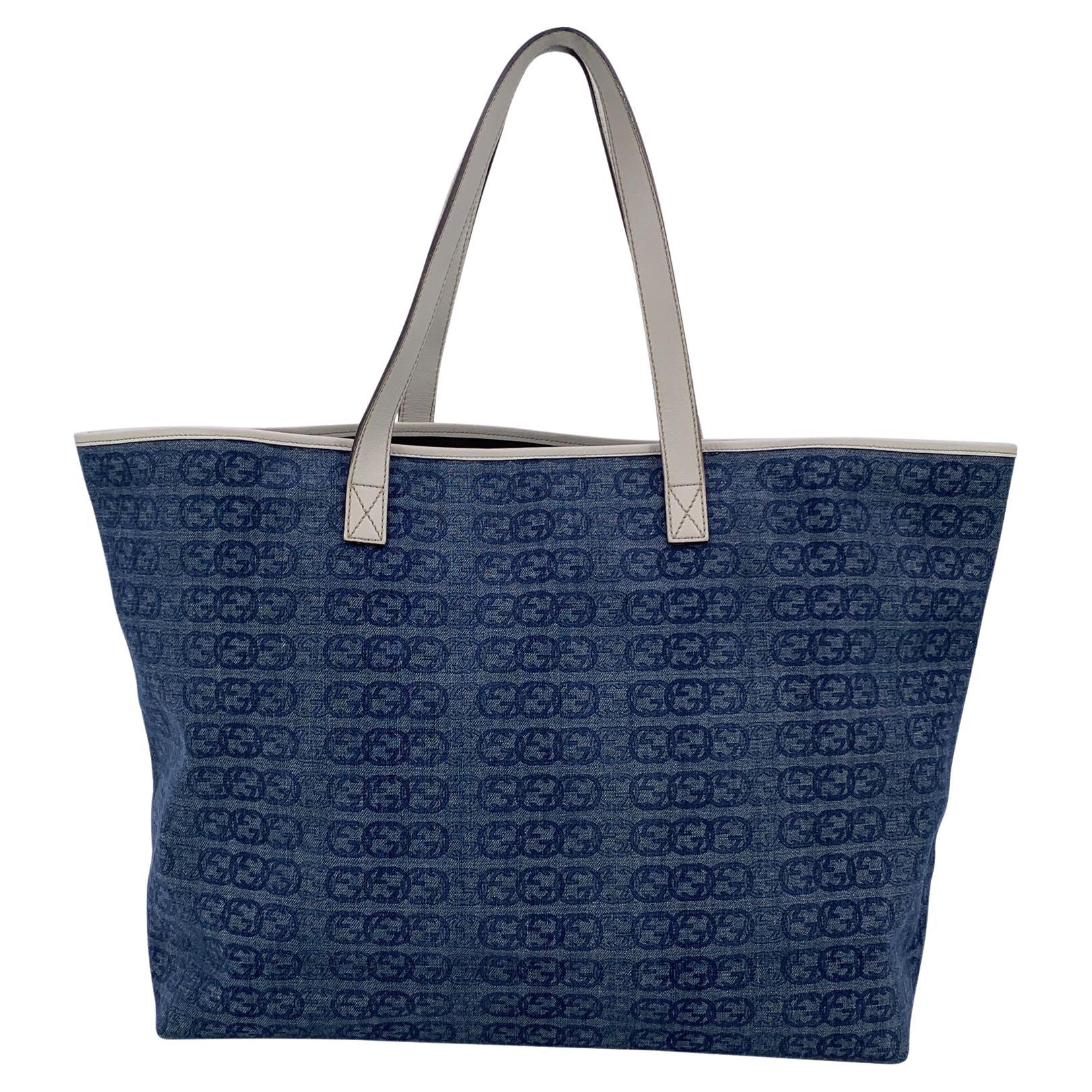 Gucci Logo Blu Denim e Borsa Tote in Pelle Shopper Bianco