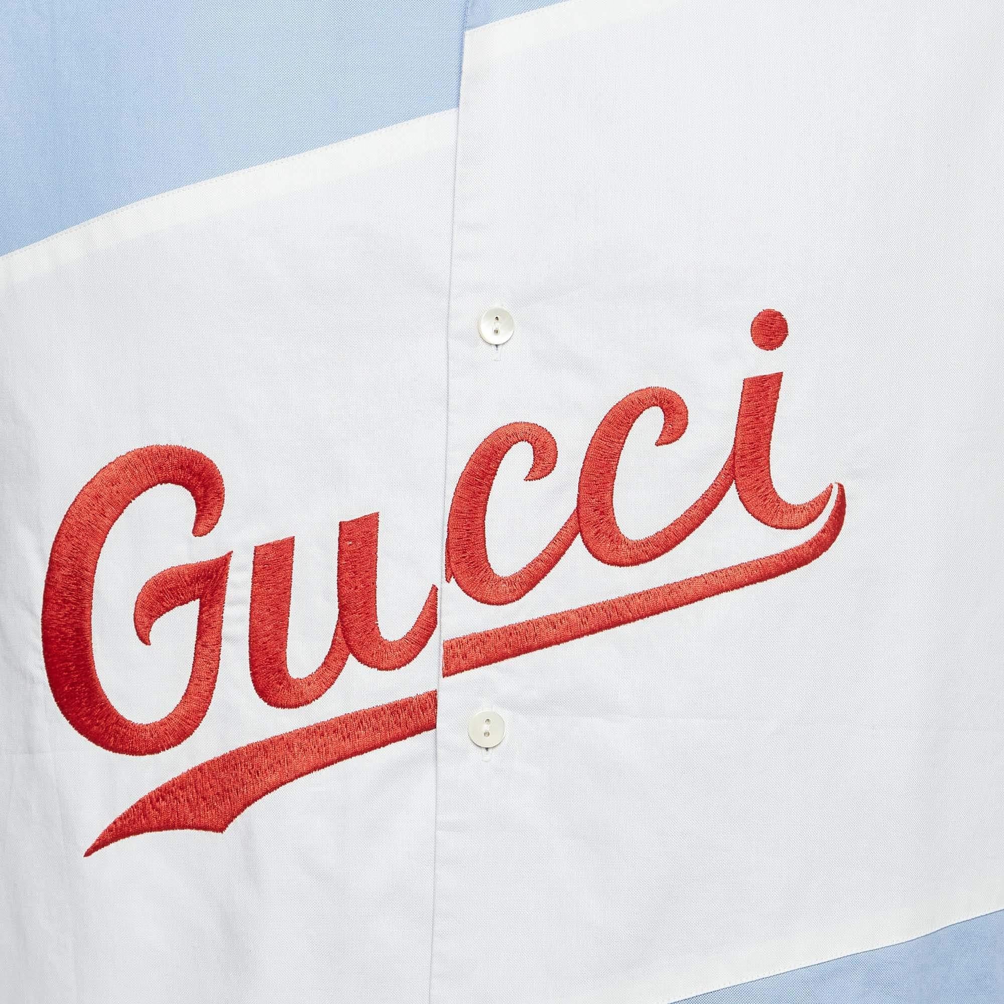 Gucci Azul Logotipo Bordado Algodón Calce Holgado Camisa Bolera XS en Nuevo Estado en Dubai, Al Qouz 2