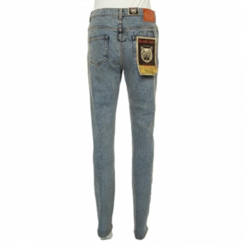 Gray Gucci Blue Logo Printed Denim Muddy Effect Skinny Jeans M For Sale