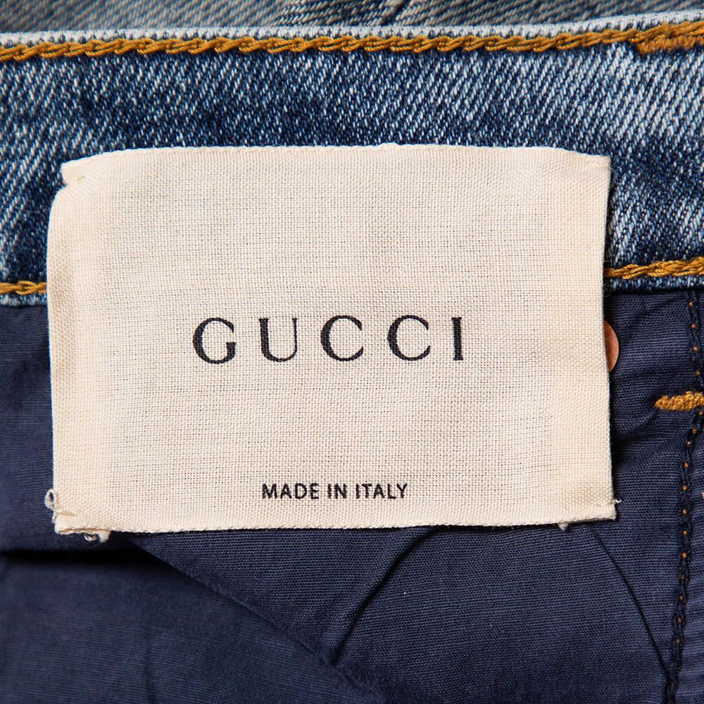 Gucci Blue Logo Printed Denim Muddy Effect Skinny Jeans M In Excellent Condition In Dubai, Al Qouz 2