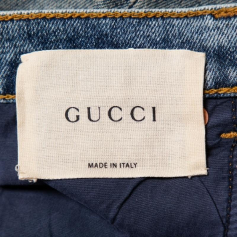 Gucci Blue Logo Printed Denim Muddy Effect Skinny Jeans M For Sale 3