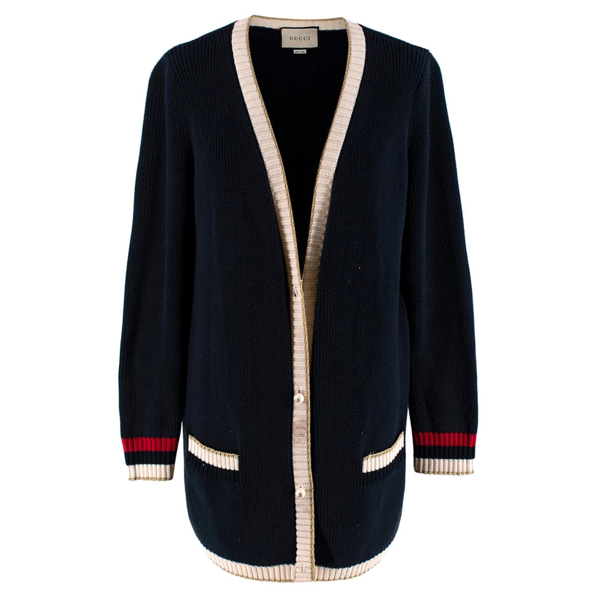 Gucci Blue Lurex Detail Contrast Trim Knit Cardigan - Size M