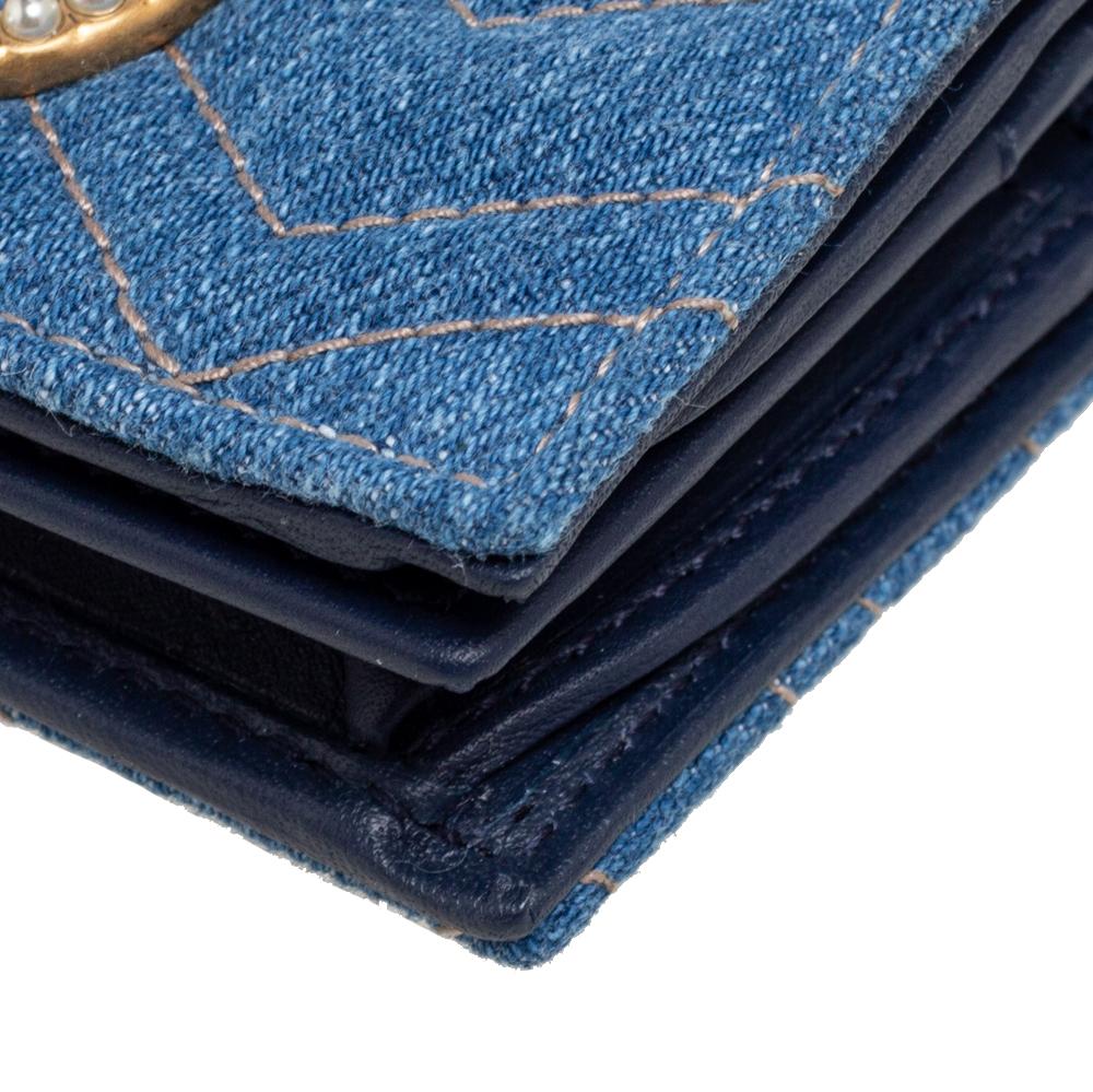 Gucci Blue Matelassé Denim and Leather GG Pearl Marmont Compact Wallet In Excellent Condition In Dubai, Al Qouz 2