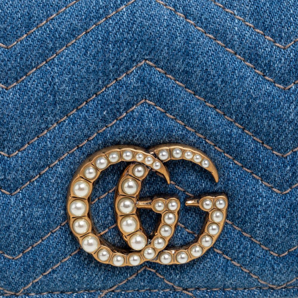 Gucci Blue Matelassé Denim and Leather GG Pearl Marmont Compact Wallet 1