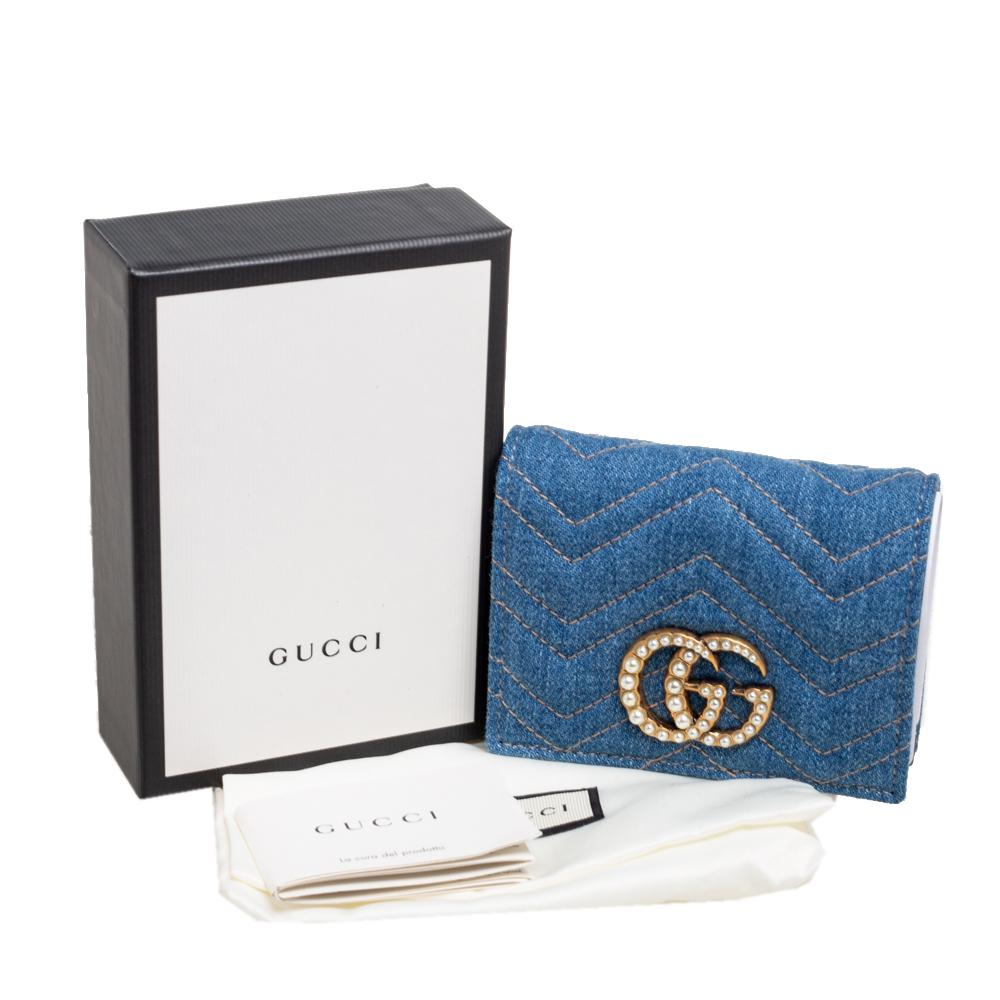 Gucci Blue Matelassé Denim and Leather GG Pearl Marmont Compact Wallet 2
