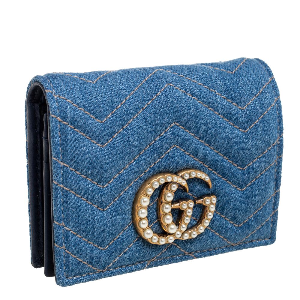 Gucci Blue Matelassé Denim and Leather GG Pearl Marmont Compact Wallet 3