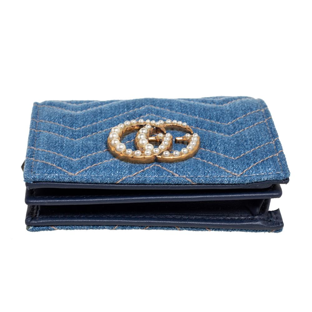 Gucci Blue Matelassé Denim and Leather GG Pearl Marmont Compact Wallet 5