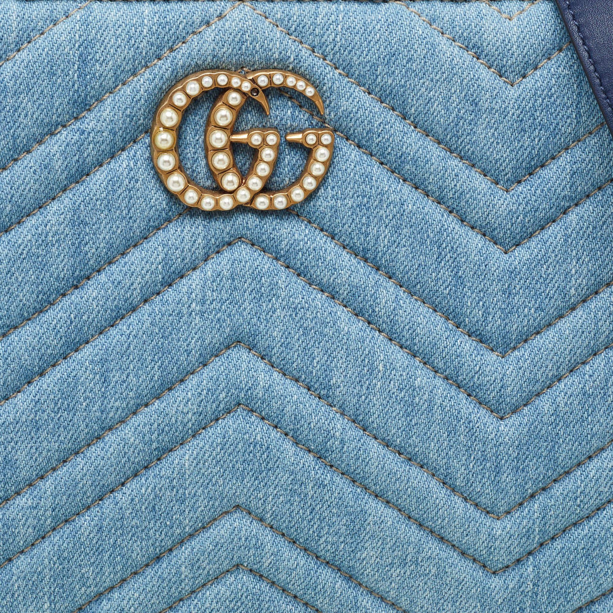 Gucci Blue Matelassé Denim and Leather Small GG Marmont Tote 6