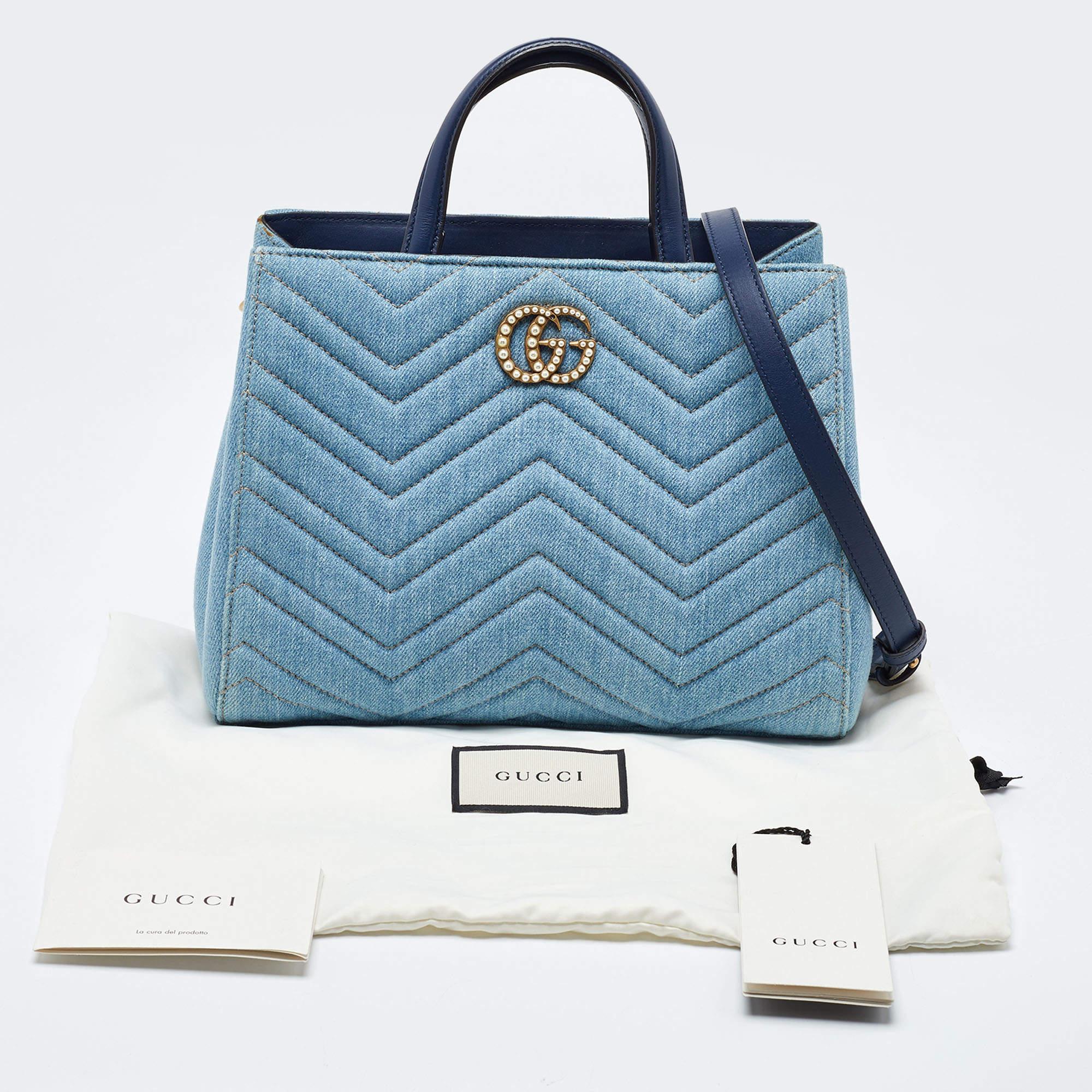 Gucci Blue Matelassé Denim and Leather Small GG Marmont Tote 9
