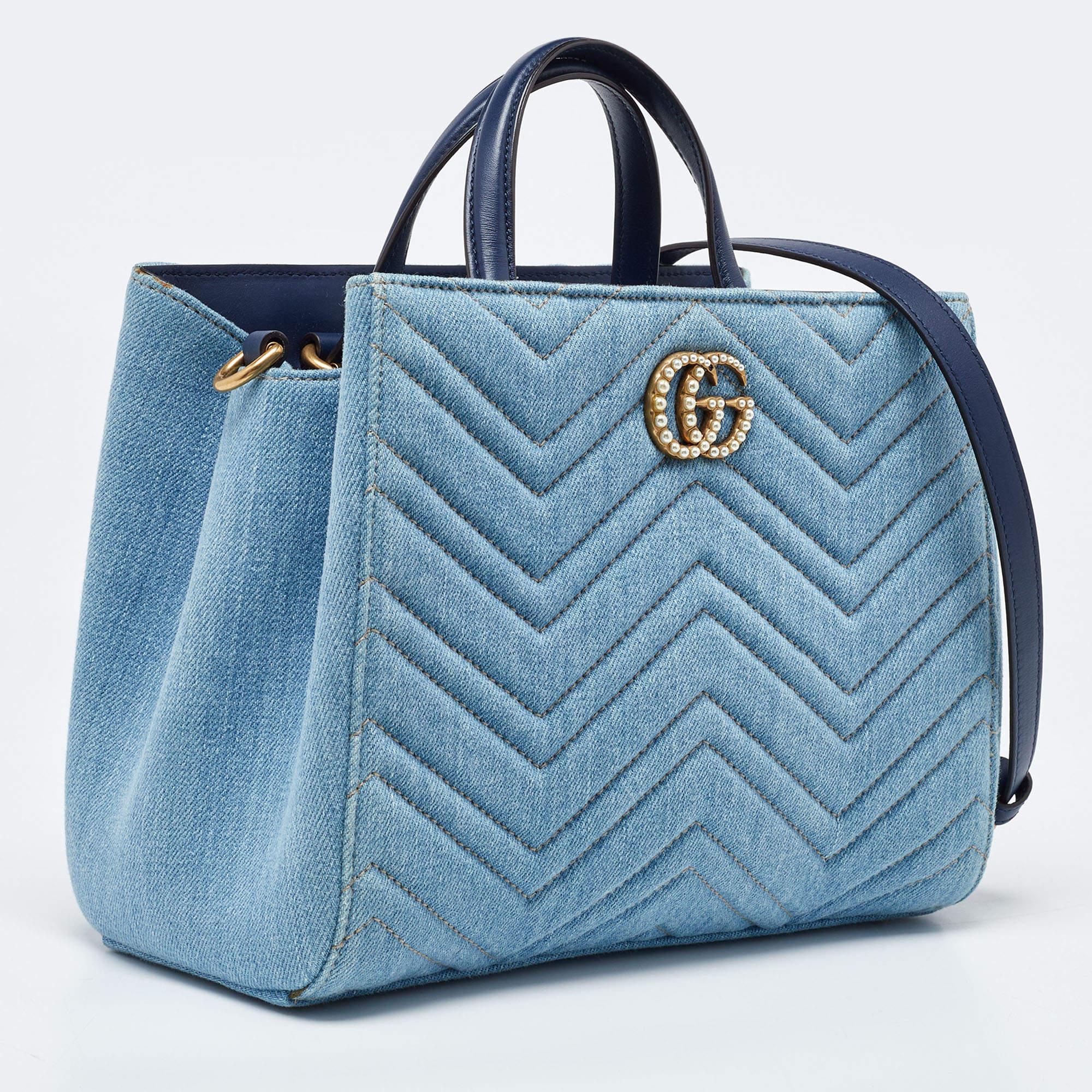 Women's Gucci Blue Matelassé Denim and Leather Small GG Marmont Tote