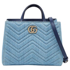 Used Gucci Blue Matelassé Denim and Leather Small GG Marmont Tote