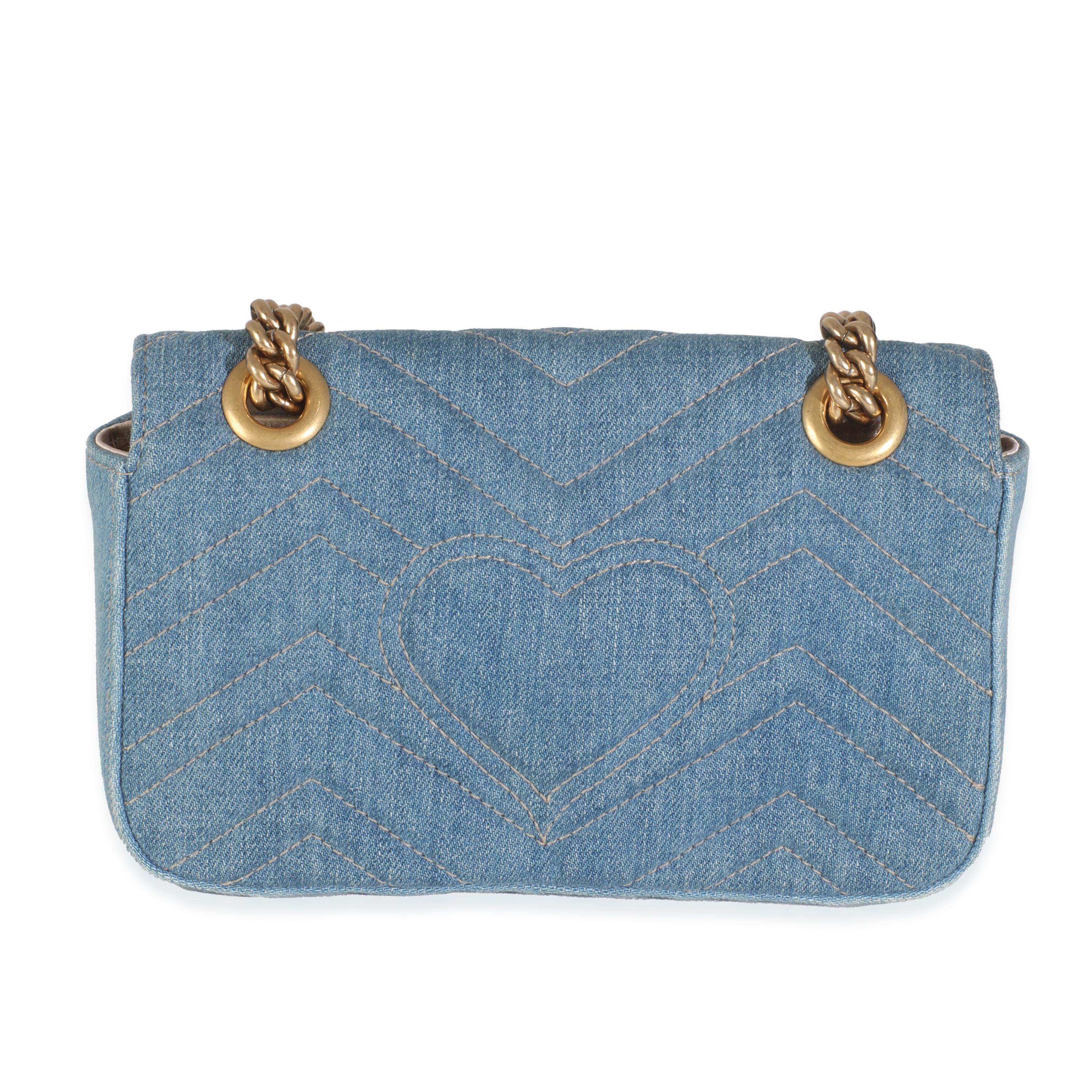 Listing Title: Gucci Blue Matelasse Denim GG Marmont Pearly Shoulder Bag
SKU: 146095
Condition: Pre-owned 
Condition Description: The Marmont edit from Gucci is an extension of the House's signature GG belt from the '70s. With a matelassé finish,