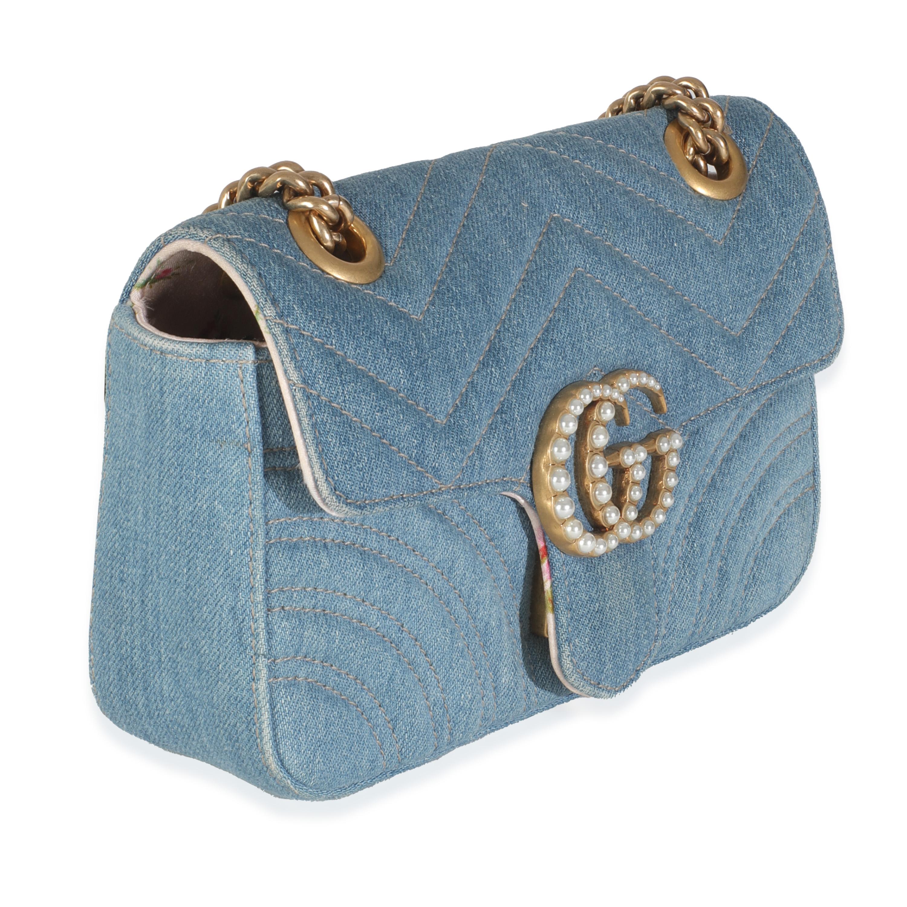 Gucci Blue Matelasse Denim GG Marmont Pearly Shoulder Bag In Excellent Condition For Sale In New York, NY