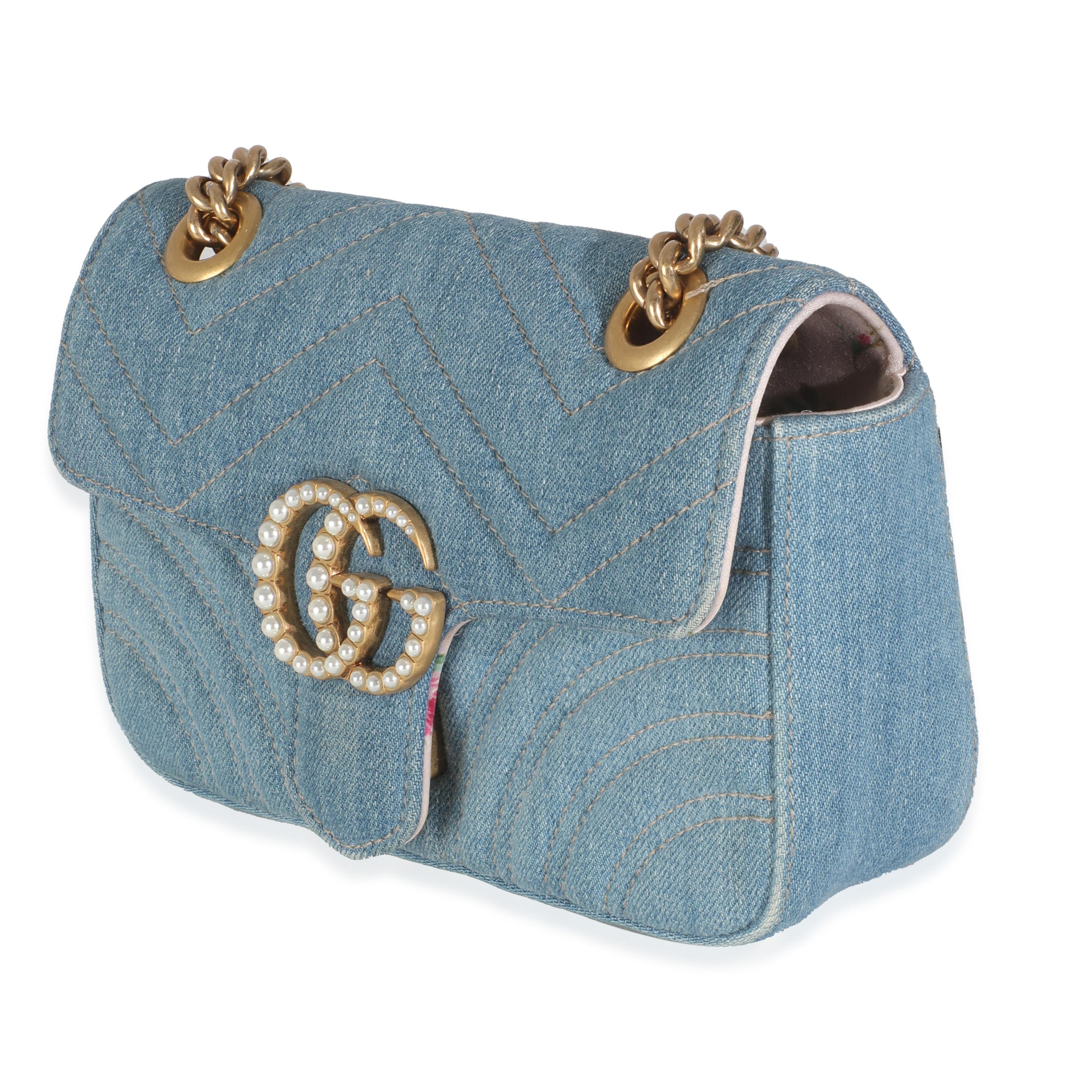 Women's or Men's Gucci Blue Matelasse Denim GG Marmont Pearly Shoulder Bag For Sale