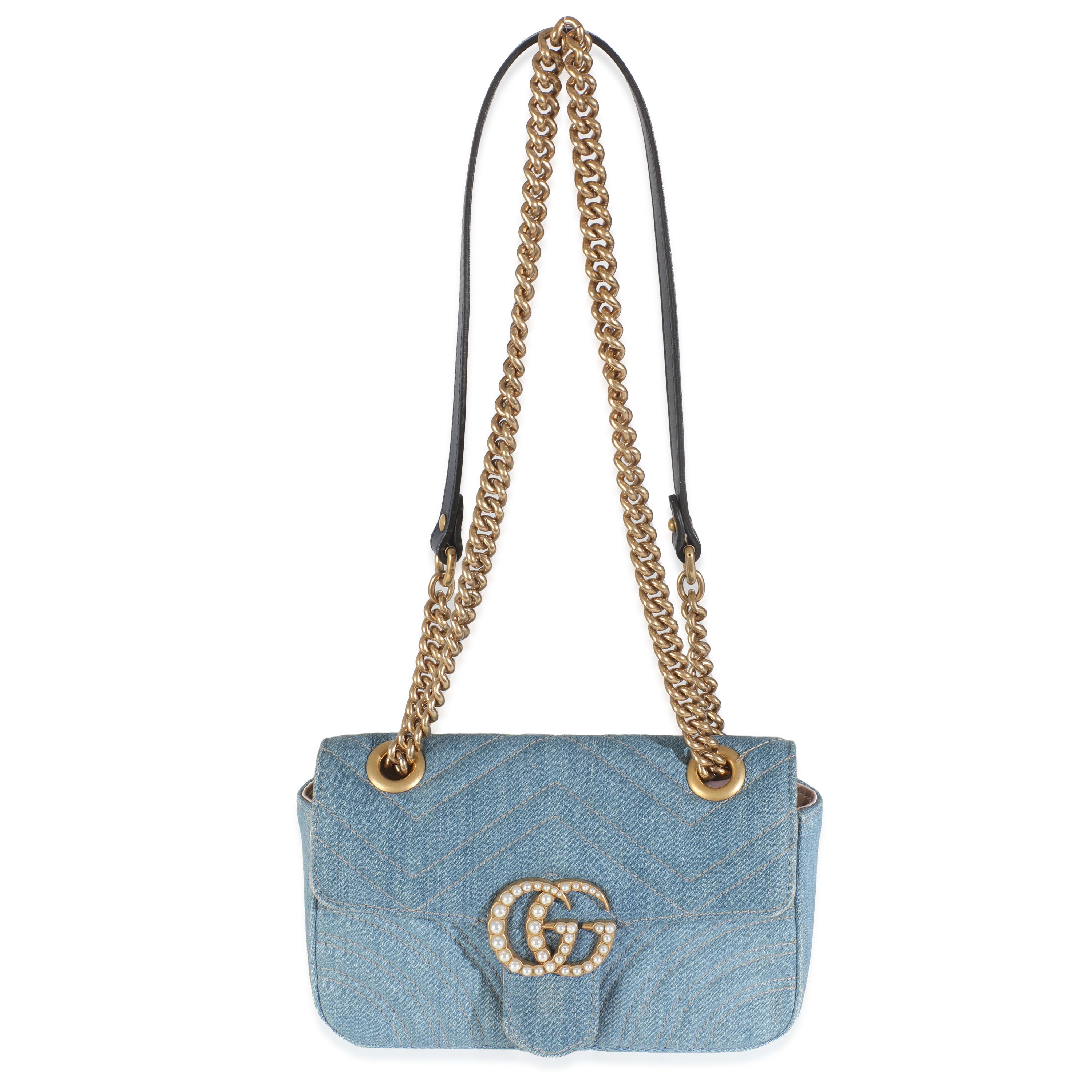 Gucci Blue Matelasse Denim GG Marmont Pearly Shoulder Bag For Sale 2