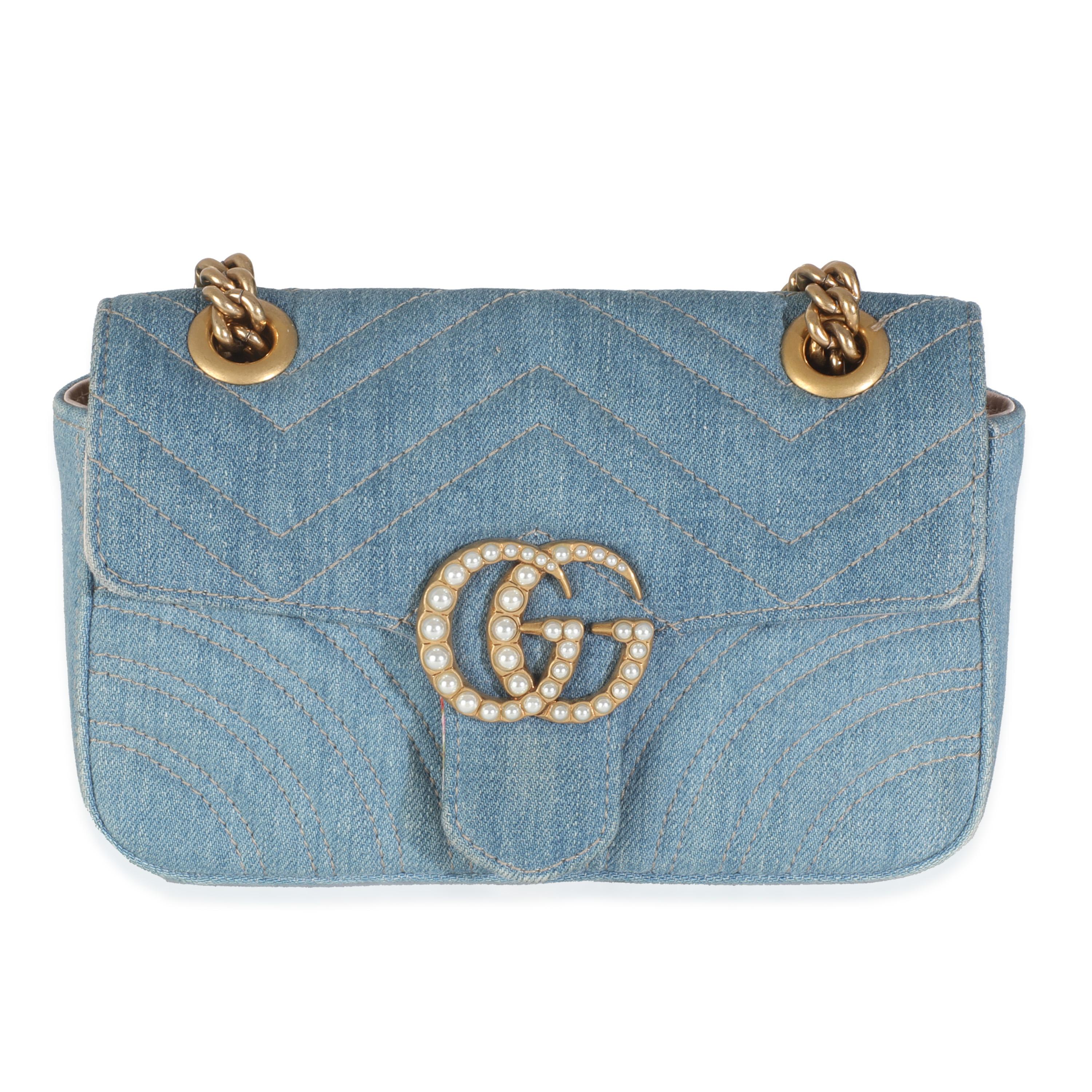 Gucci Blue Matelasse Denim GG Marmont Pearly Shoulder Bag For Sale