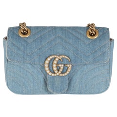 Gucci Blue Matelasse Denim GG Marmont Pearly Shoulder Bag