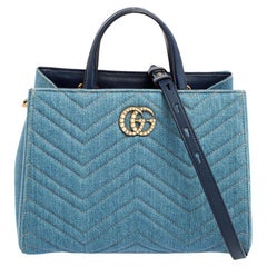 Gucci Blue Matelassé Denim Small GG Marmont Tote