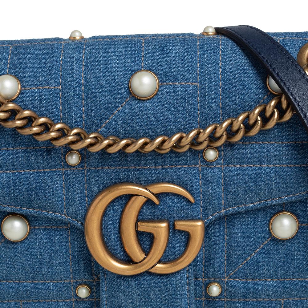 Gucci Blue Matelasse Denim Small Pearl Embellished GG Marmont Shoulder Bag 4