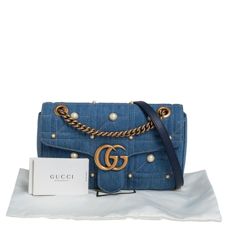 Gucci Blue Matelasse Denim Small Pearl Embellished GG Marmont Shoulder Bag
