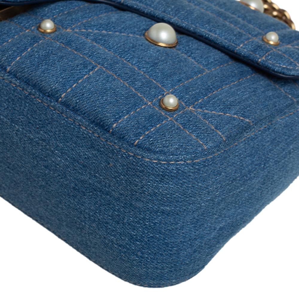 Women's Gucci Blue Matelasse Denim Small Pearl Embellished GG Marmont Shoulder Bag