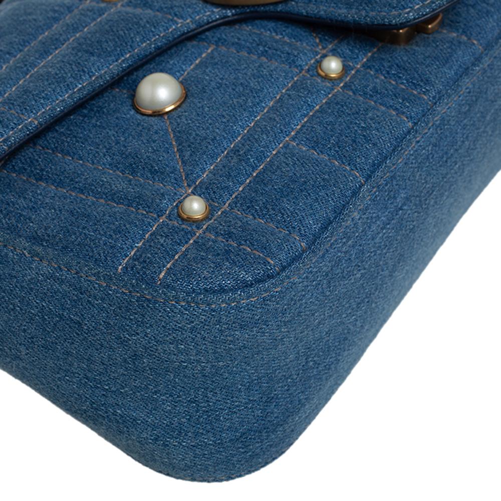 Gucci Blue Matelasse Denim Small Pearl Embellished GG Marmont Shoulder Bag 2