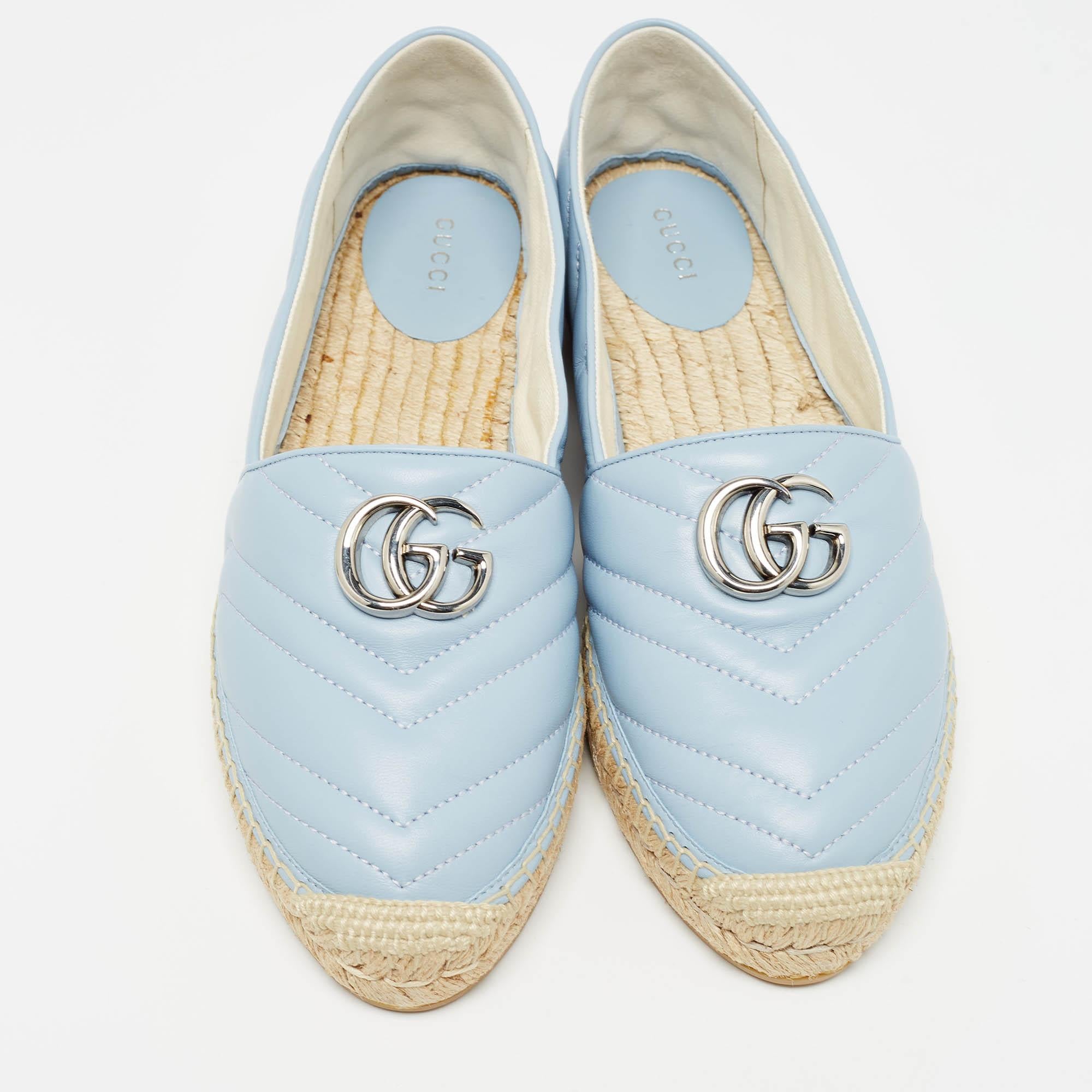 Gray Gucci Blue matelassé Leather GG Marmont Espadrille Flats Size 40.5 For Sale