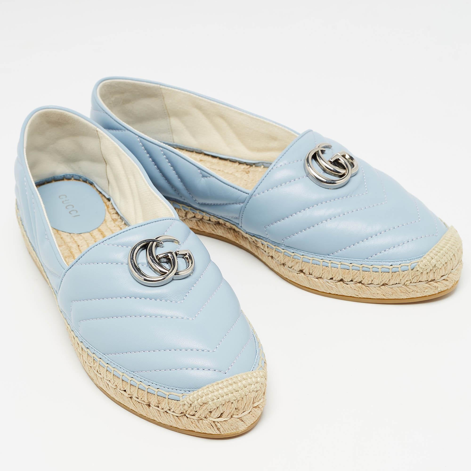 Gucci Blue matelassé Leather GG Marmont Espadrille Flats Size 40.5 In New Condition For Sale In Dubai, Al Qouz 2
