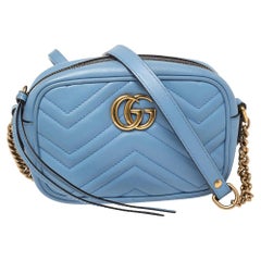 Gucci Blue Matelasse Leather Mini GG Marmont Crossbody Bag