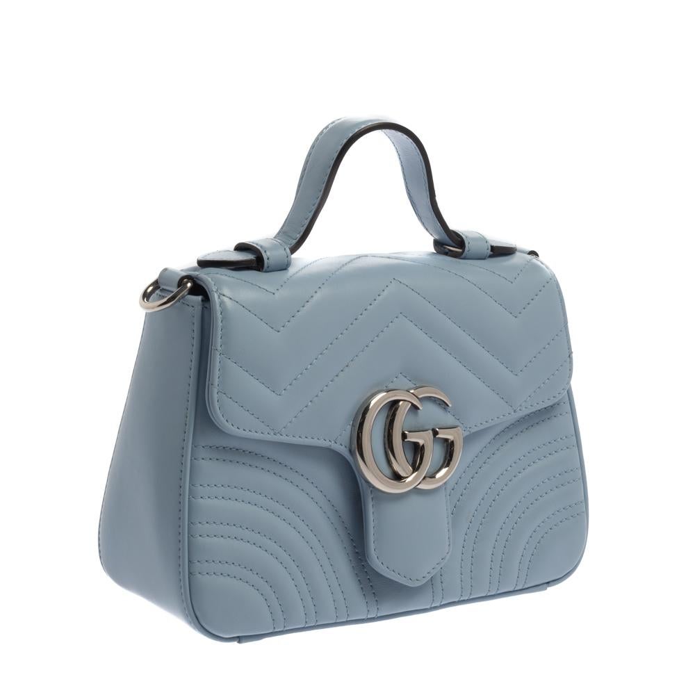 Gray Gucci Blue Matelasse Leather Mini GG Marmont Top Handle Bag
