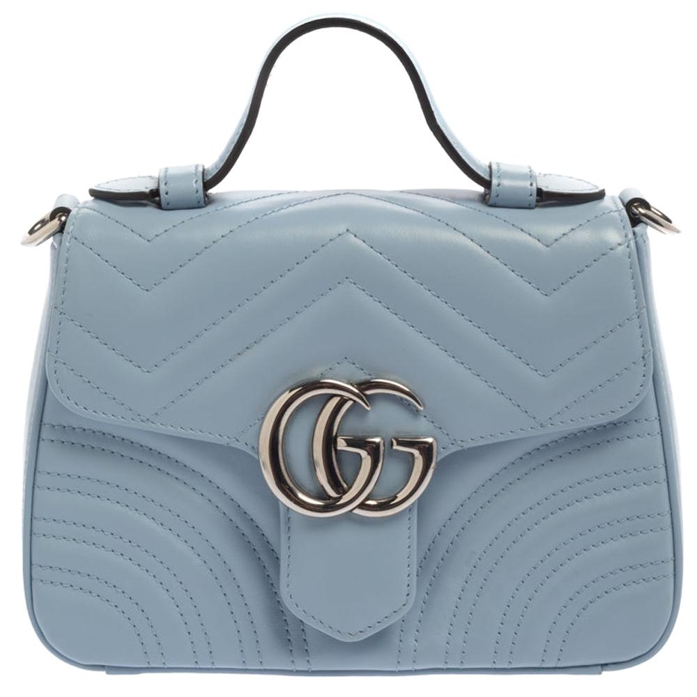 Gucci Blue Matelasse Leather Mini GG Marmont Top Handle Bag