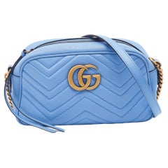 Gucci Blue Matelassé Leather Small GG Marmont Shoulder Bag