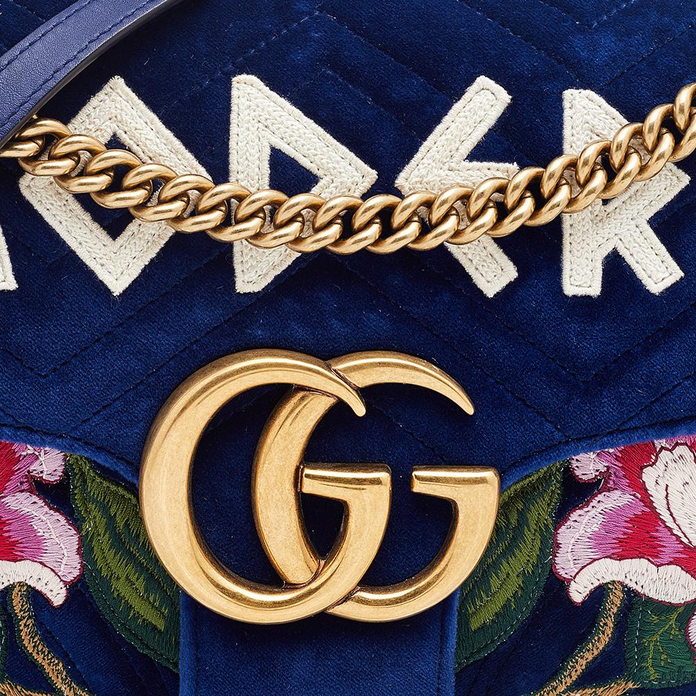 Gucci Blue Matelassé Velvet Floral Modern Embroidered GG Marmont Shoulder Bag 3