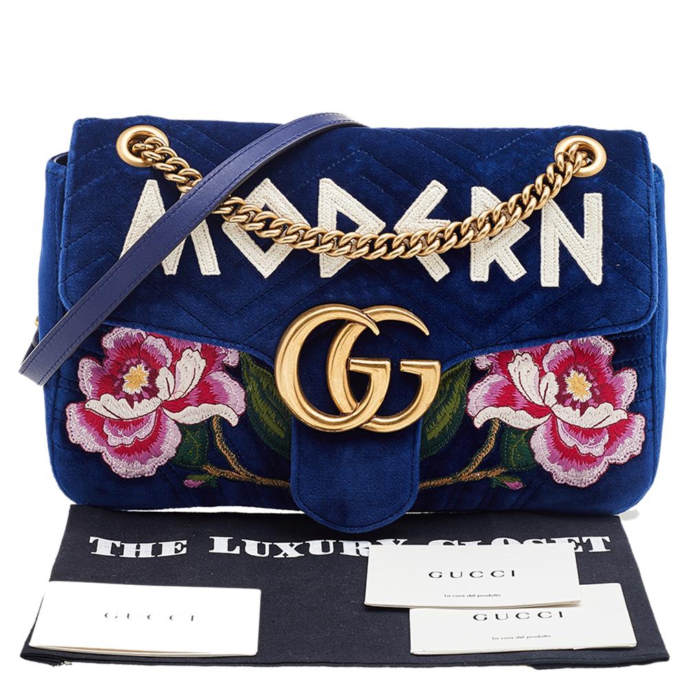 Gucci Blue Matelassé Velvet Floral Modern Embroidered GG Marmont Shoulder Bag 4