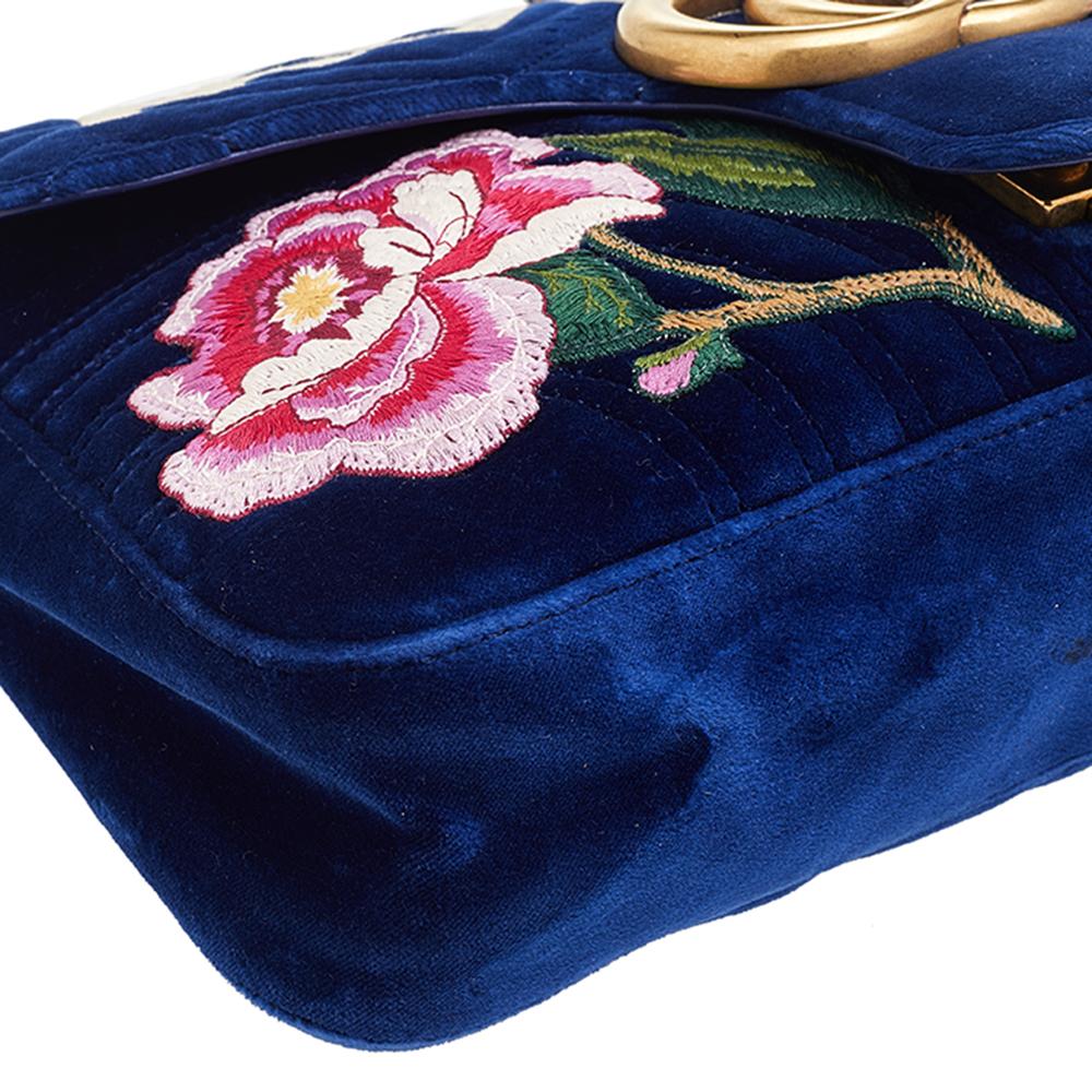 Black Gucci Blue Matelassé Velvet Floral Modern Embroidered GG Marmont Shoulder Bag