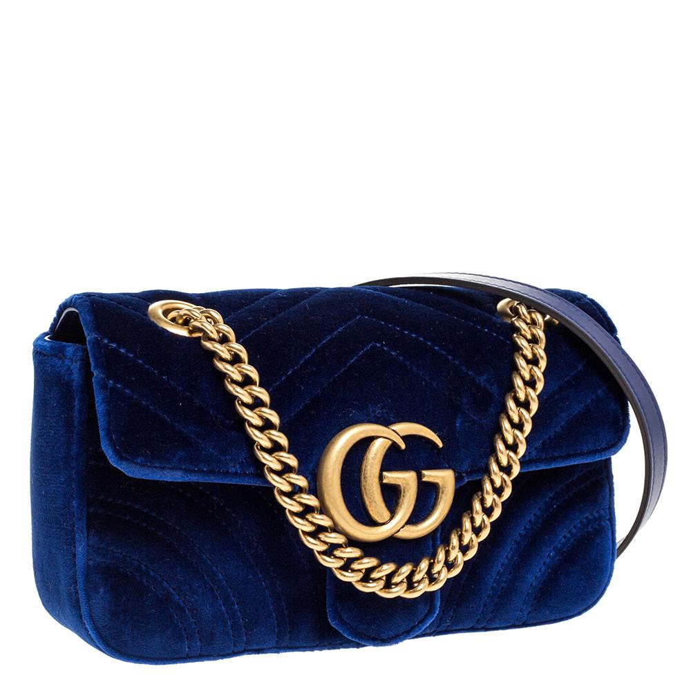 Gucci Blue Matelasse Velvet Mini GG Marmont Shoulder Bag In New Condition In Dubai, Al Qouz 2