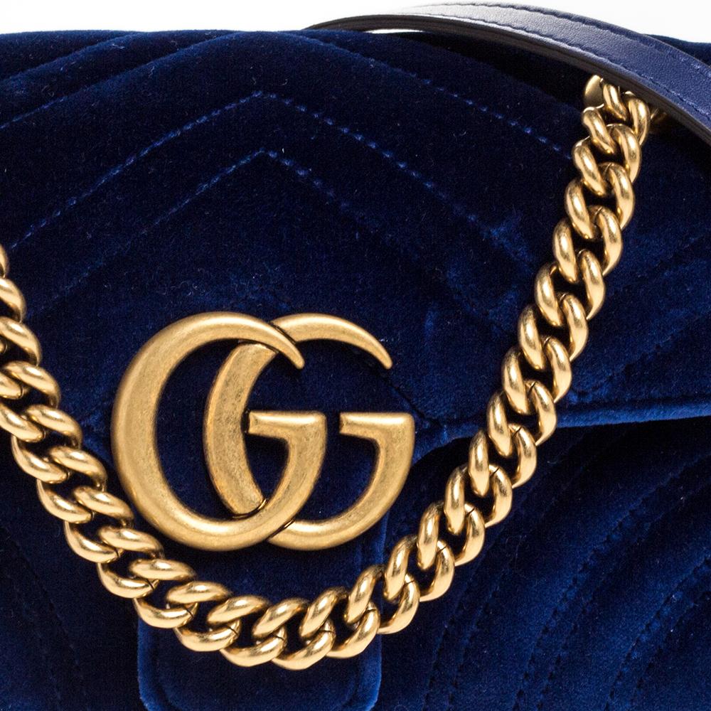 Women's Gucci Blue Matelasse Velvet Mini GG Marmont Shoulder Bag