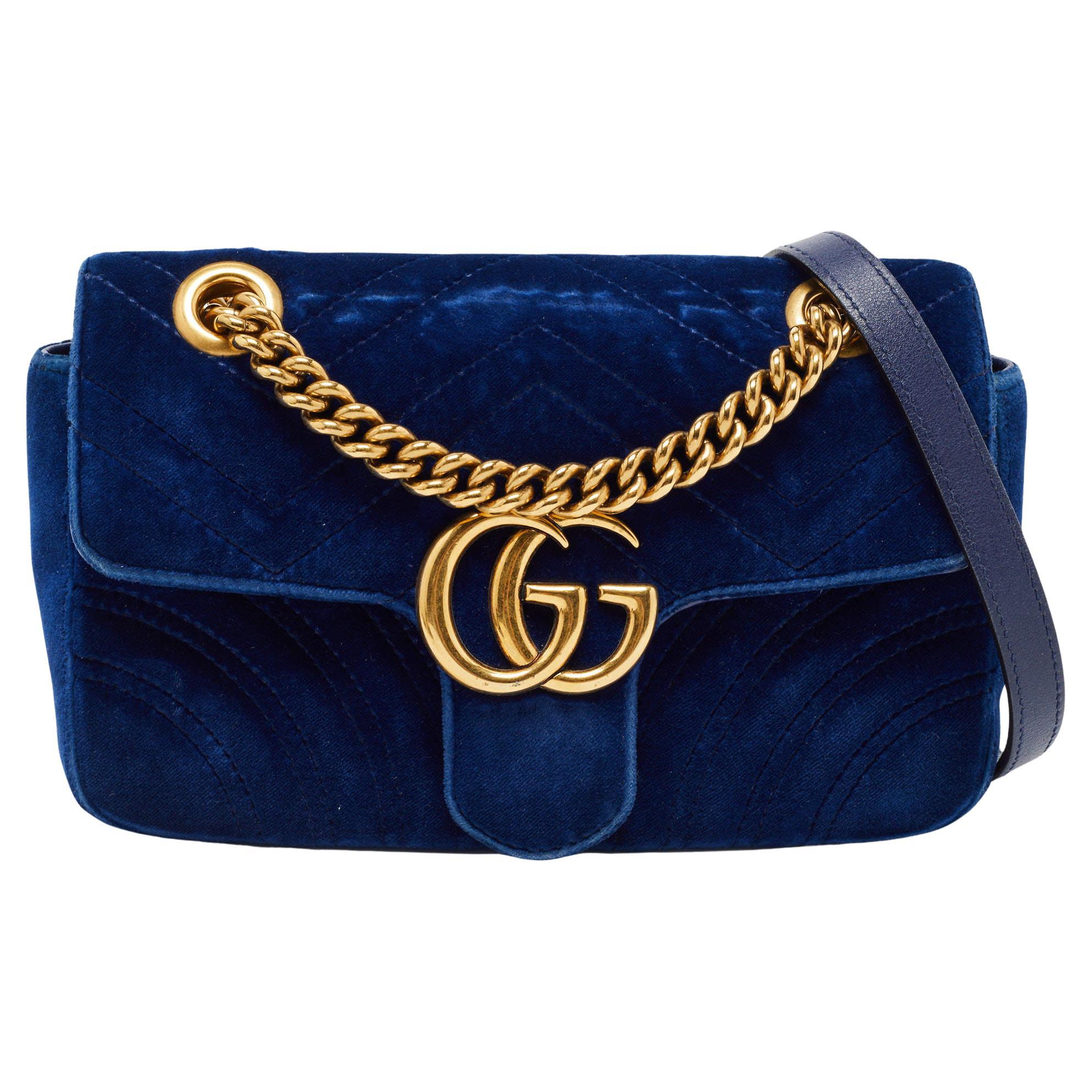 kunst garen Elastisch Gucci Blue Matelasse Velvet Mini GG Marmont Shoulder Bag For Sale at 1stDibs