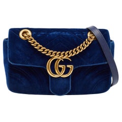 Gucci Blue Matelasse Velvet Mini GG Marmont Shoulder Bag