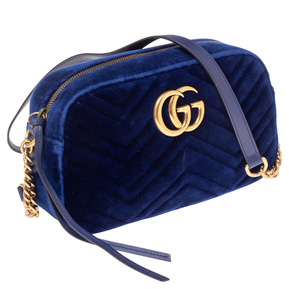 Black Gucci Blue Matelasse Velvet Small GG Marmont Shoulder Bag